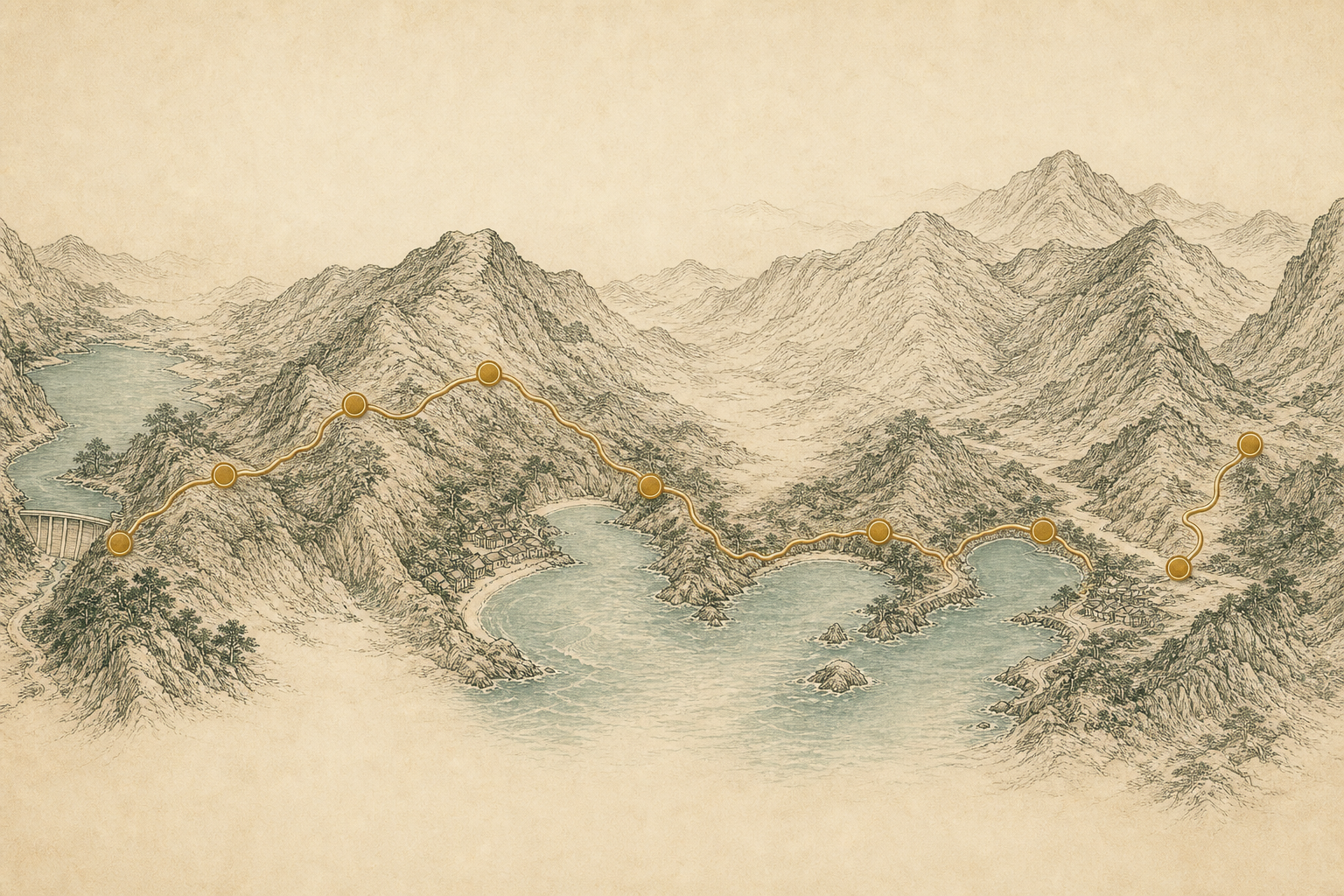 以东方线描呈现麦理浩径第二段山脊、海湾与挑战路线的示意图